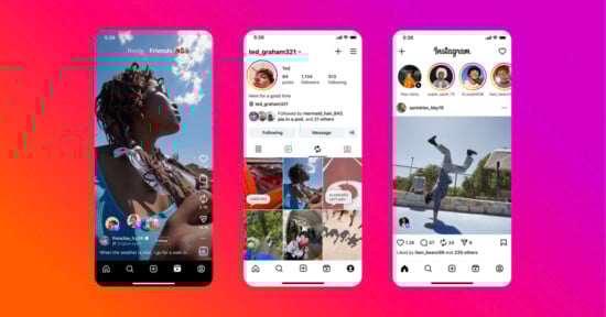 Three smartphone screens display different Instagram app pages: a reel showing a person looking up, a profile page with photos, and a feed with a person doing a handstand, all on a pink-to-orange gradient background.