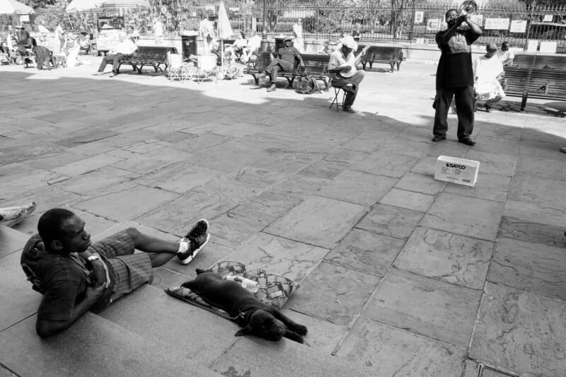 A man reclines on a stone plaza beside a resting dog, while a musician plays a trumpet nearby. People sit on benches and walk in the background on a sunny day. A tip box sits on the ground by the musician.