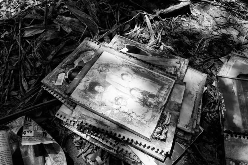 A stack of old, damaged photographs and papers lies on the ground among dry leaves and dirt. The top photo shows a faded portrait of a family or group of children, illuminated by sunlight. The image is in black and white.