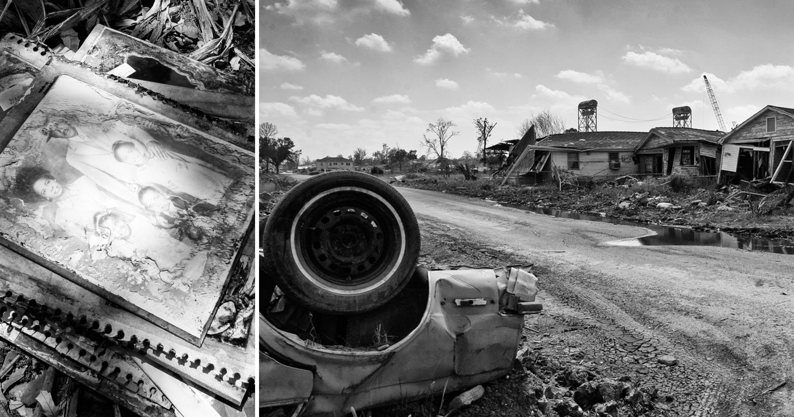 A black-and-white photo shows an old, overturned car on a rough, deserted road lined with damaged houses. On the left, a faded family portrait lies in debris, symbolizing loss amid destruction.