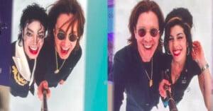 Two photos side by side show a man with long brown hair and sunglasses taking selfies with two different women, both smiling. The left woman has curly black hair and a black-and-white outfit; the right has dark hair styled up and wears black.