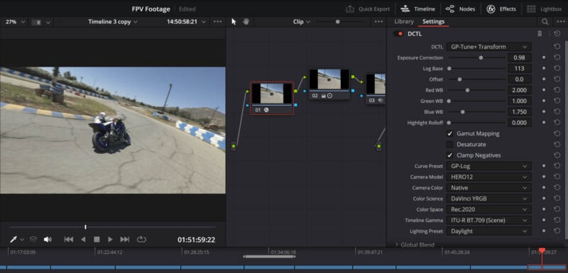 A video editing software interface shows color grading nodes, a preview of a motorcycle on a racetrack, and DCTL color settings such as exposure, gamma, and highlight rolloff on the right panel.