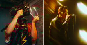 Split image: On the left, a person films with a large camera in a dim room; on the right, a person sings into a microphone under dramatic lighting.