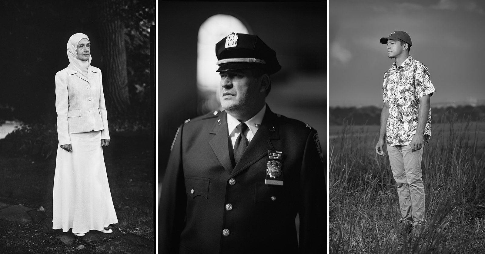 A triptych of black-and-white portraits: a woman in a hijab and suit, a police officer in uniform and hat, and a man in a floral shirt and cap standing in tall grass, each looking thoughtfully into the distance.