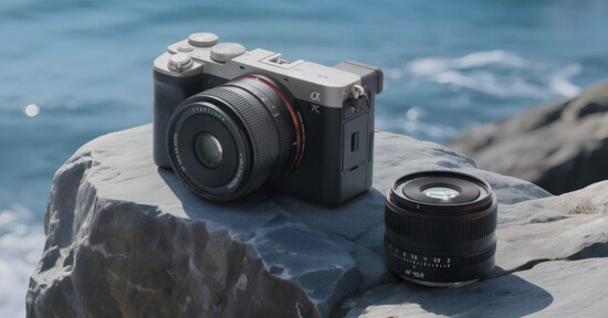 A digital camera and a detached lens rest on a large rock by the ocean, with blue water and waves in the background.