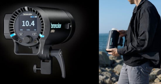 Close-up of a broncolor Siros 800 S studio light showing its digital display, alongside a person holding the same light outdoors near rocks and water.