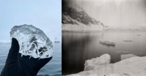 A gloved hand holds a clear chunk of ice over icy water; next to it is a black-and-white photo of an arctic landscape with water, snow, icebergs, and distant snowy hills.