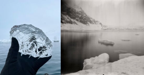 A gloved hand holds a clear chunk of ice over icy water; next to it is a black-and-white photo of an arctic landscape with water, snow, icebergs, and distant snowy hills.