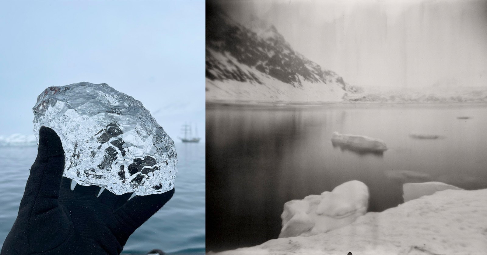 A gloved hand holds a clear chunk of ice over icy water; next to it is a black-and-white photo of an arctic landscape with water, snow, icebergs, and distant snowy hills.