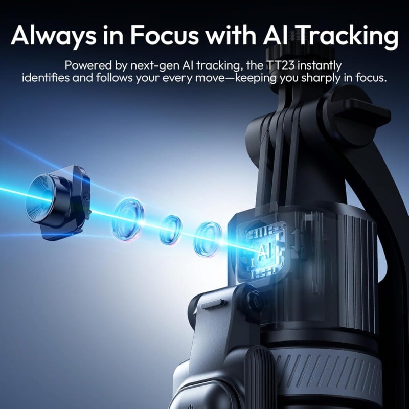 A camera with AI tracking technology shows a glowing AI chip and blue digital effects, emphasizing its ability to keep subjects in focus automatically. Text highlights the TT23’s advanced AI tracking for sharp results.