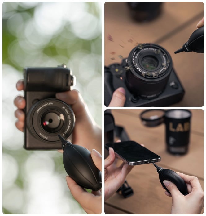 A collage shows hands using a black air blower to remove dust from a camera lens, a camera body, and a smartphone, demonstrating cleaning of various electronic devices.