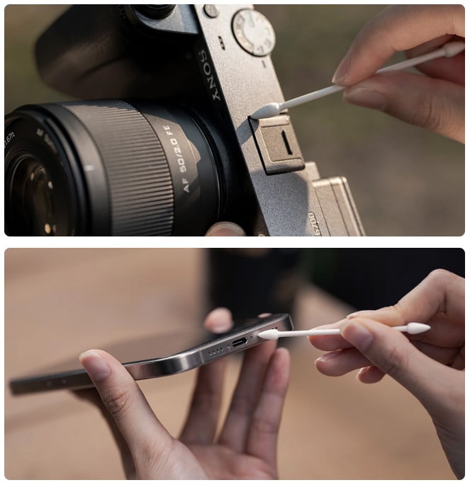 Two images: the top shows a hand cleaning a camera slot with a cotton swab; the bottom shows a hand cleaning a smartphone charging port with a cotton swab.