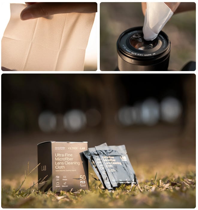 Three images show: a hand holding a microfiber cloth, a cloth cleaning a camera lens, and a box of ultra-fine microfiber lens cleaning cloths with individual packets, placed on grass outdoors.