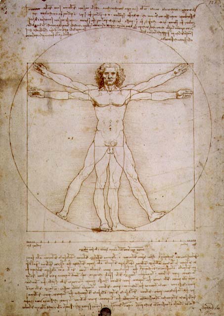 A detailed sketch of a nude male figure with arms and legs outstretched, overlaid with both a circle and a square, surrounded by handwritten notes; known as Leonardo da Vinci’s “Vitruvian Man.”.