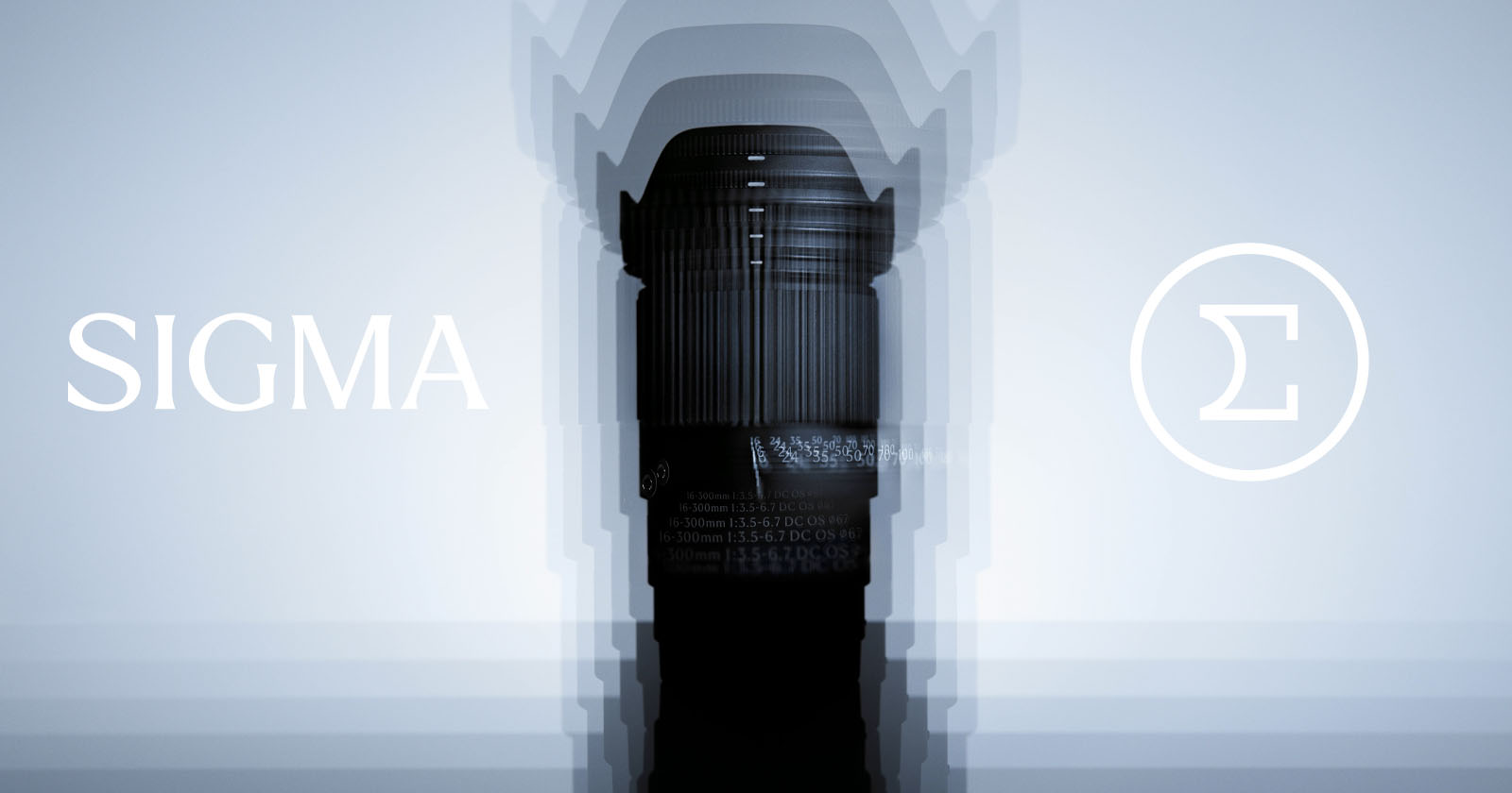 A Sigma camera lens stands upright in the center with a layered blur effect. "SIGMA" is written on the left and the Sigma logo (Greek letter sigma) in a circle appears on the right, all on a light blue background.