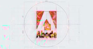 The Adobe logo with the word "Abode" underneath, appears to be burning with flames. The background features technical blueprints with measurement lines and circles.