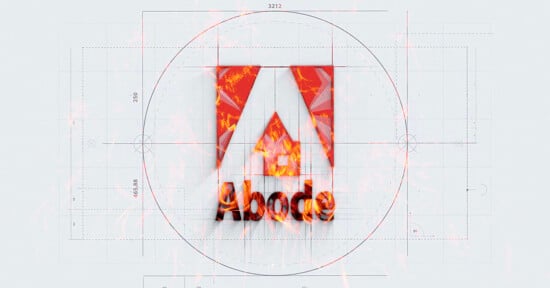 The Adobe logo with the word "Abode" underneath, appears to be burning with flames. The background features technical blueprints with measurement lines and circles.