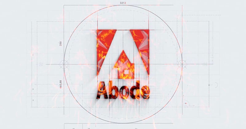 The Adobe logo with the word "Abode" underneath, appears to be burning with flames. The background features technical blueprints with measurement lines and circles.