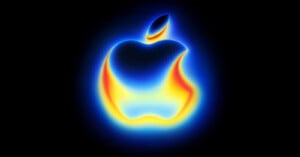 The Apple logo is shown glowing with vibrant blue, yellow, and red neon-like colors on a black background, creating a striking, colorful aura effect around the iconic shape.