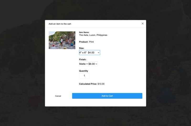 A popup window displays options to add a print of "The Aeta, Luzon, Philippines" to the cart. Options include size, finish, and quantity. Calculated price is $10.00. "Add to Cart" and "Cancel" buttons are at the bottom.