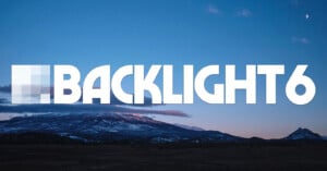 Square mosaic logo and bold white text “BACKLIGHT 6” over a scenic dusk landscape with snowcapped mountains, a cloudy sky, and a small moon visible in the top right.