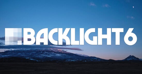 Square mosaic logo and bold white text “BACKLIGHT 6” over a scenic dusk landscape with snowcapped mountains, a cloudy sky, and a small moon visible in the top right.