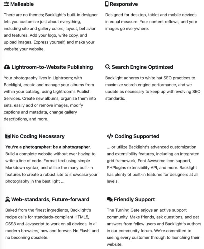 A screenshot listing website features like custom design, SEO, mobile responsiveness, Lightroom integration, no coding needed, regular updates, and developer-friendly tools, each with an icon and description in a two-column layout.