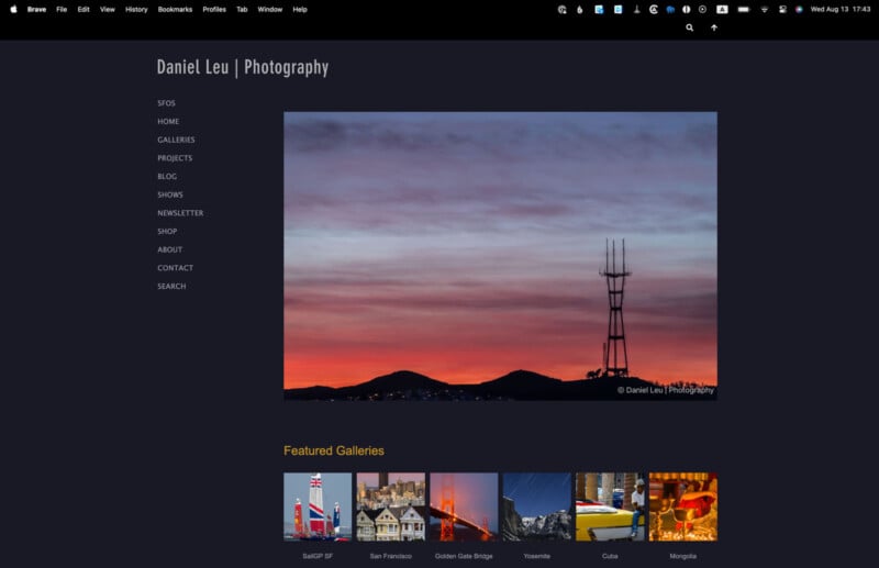 A website homepage for Daniel Leu Photography shows a sunset sky with a tall radio tower on hills. Below, there are thumbnail images of various galleries including cityscapes and landscapes.