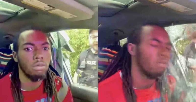 Two-panel image: On the left, a man with long hair sits in a car, looking forward as a police officer stands outside. On the right, the man recoils as water or spray hits his face through the window.