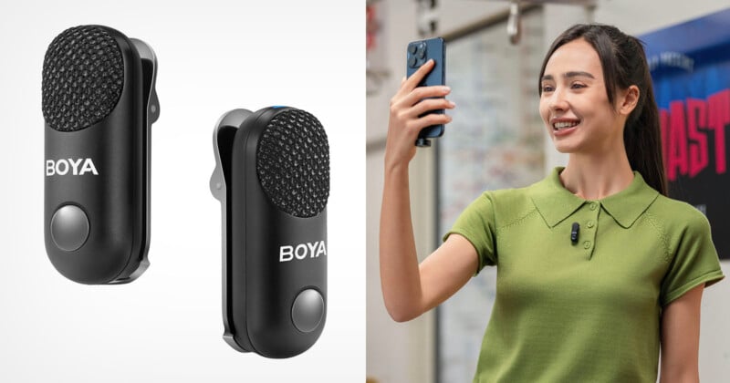 Two black BOYA clip-on microphones are shown on the left. On the right, a woman wearing a green shirt clips one on her collar and smiles while holding a smartphone, appearing to record herself or make a video call.
