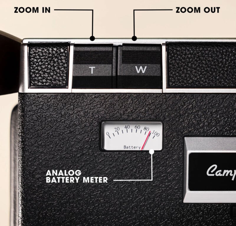 Close-up of a vintage camera showing zoom in/out buttons, an analog battery meter with a needle, and labeled text pointing to the controls and meter. The camera surface is textured black with silver accents.