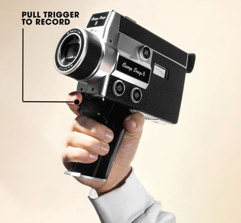A hand holds a vintage black and silver film camera with a labeled arrow pointing to the trigger beneath, accompanied by the text "PULL TRIGGER TO RECORD.