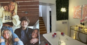 A group of four smiling young adults pose together on the left; on the right, a room with a ping pong table, red cups, drinks, a "Good Vibes" neon sign, flowers, and abstract art on the wall.