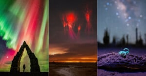 A triptych: Left—person stands under a stone arch with vibrant green and red auroras in the sky. Center—red sprites appear over an orange horizon. Right—small scorpion glows under ultraviolet light on rocky ground with a blurred background.