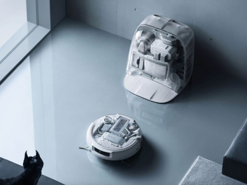 A black cat sits on the floor, looking at a white robotic vacuum cleaner and its charging station in a modern, minimalistic room with a large window.
