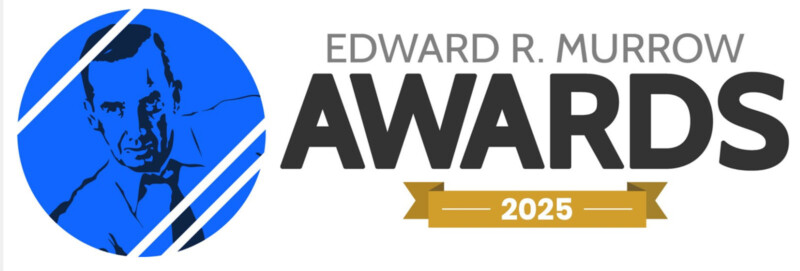Logo for the Edward R. Murrow Awards 2025, featuring a blue illustration of Edward R. Murrow on the left and bold black text reading "AWARDS" with "2025" on a gold ribbon below.