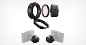 A camera lens filter adapter kit is shown with its parts separated above, including the adapter ring, filter, and carrying case, and illustrations of two cameras below displaying the filter attached.