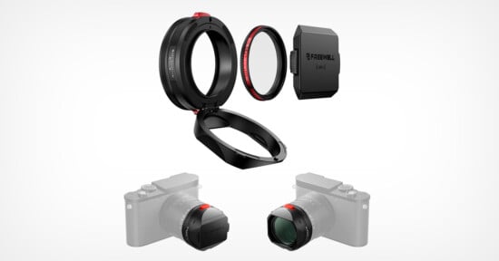 A camera lens filter adapter kit is shown with its parts separated above, including the adapter ring, filter, and carrying case, and illustrations of two cameras below displaying the filter attached.