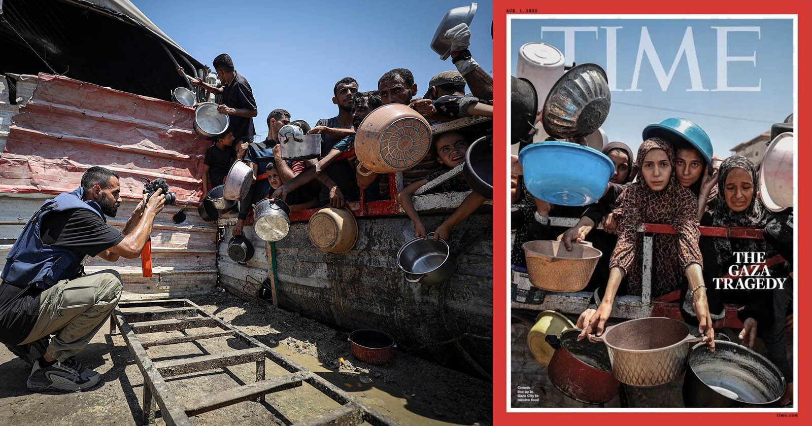 A photographer captures a group of children in Gaza holding empty pots, waiting for food. Beside this, a TIME magazine cover shows women in Gaza also holding empty pots, highlighting the region’s humanitarian crisis.