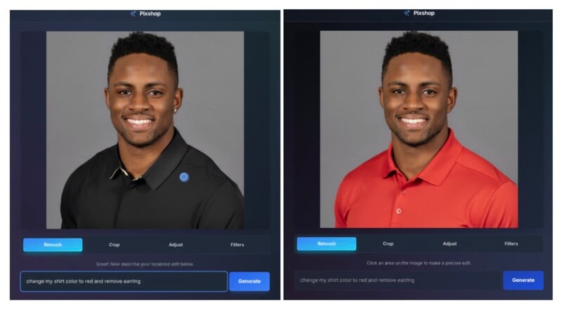 A side-by-side comparison shows a man in a black shirt with an earring on the left, and the same man in a red shirt without an earring on the right, both within a photo editing software interface.