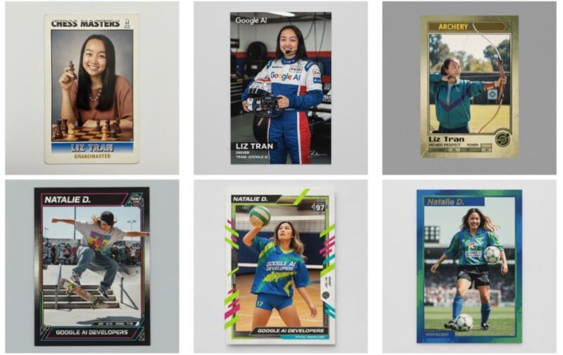 A grid of six sports card-style images features a woman named Liz Tran or Natalie D., each depicting her in different roles: chess master, race car driver, archer, skateboarder, tech developer, and soccer player.