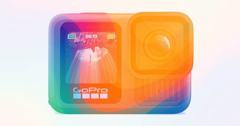 A GoPro action camera with a vibrant, translucent rainbow gradient overlay, showing its front display screen with a landscape image and the GoPro logo beneath.