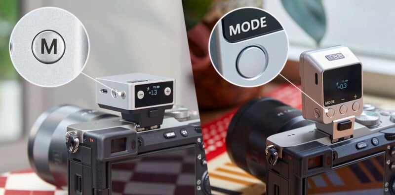 Two digital cameras each have a small, square, silver device mounted on top. Close-up insets highlight the mode buttons labeled "M" and "MODE" on each device. The background is softly out of focus.