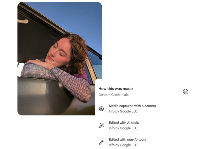 A woman leans out of a car window, eyes closed and head resting on her arms, as sunlight illuminates her face against a clear blue sky.