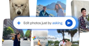 A collage of people and places surrounds a central search bar reading "Edit photos just by asking" with the Google Photos logo below it.