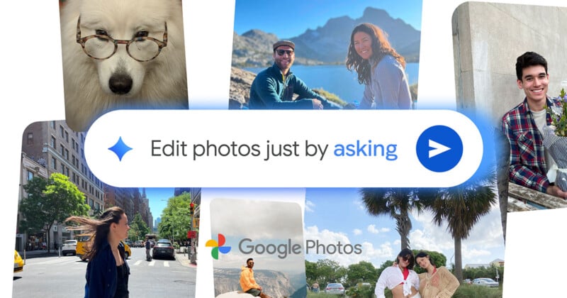 A collage of people and places surrounds a central search bar reading "Edit photos just by asking" with the Google Photos logo below it.