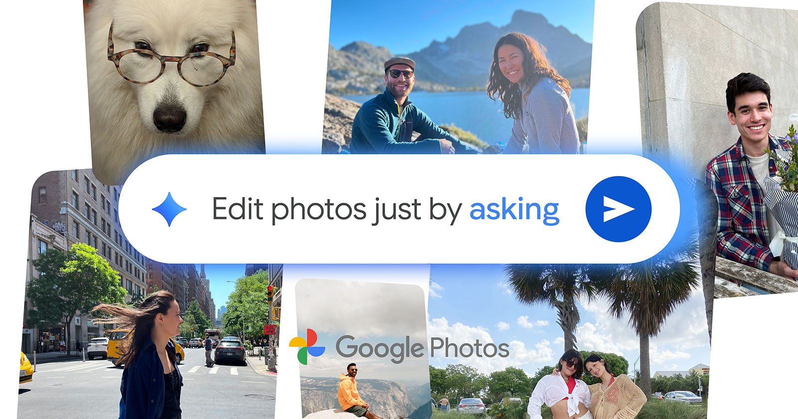 A collage of people and places surrounds a central search bar reading "Edit photos just by asking" with the Google Photos logo below it.