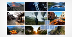 A collage of diverse landscapes and scenes, including volcanoes, jellyfish, mountains, lakes, city streets, floating islands, a person in a wingsuit, sunset road, and a boat ride, with arrow keys overlayed at the center.