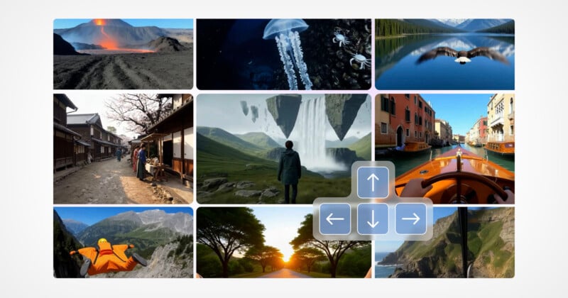 A collage of diverse landscapes and scenes, including volcanoes, jellyfish, mountains, lakes, city streets, floating islands, a person in a wingsuit, sunset road, and a boat ride, with arrow keys overlayed at the center.