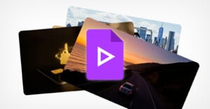 A stack of photos with a prominent purple play button icon in the center. Behind the icon are images of a city skyline, a glowing SIM card, and a car driving along a scenic coastal road at sunset.